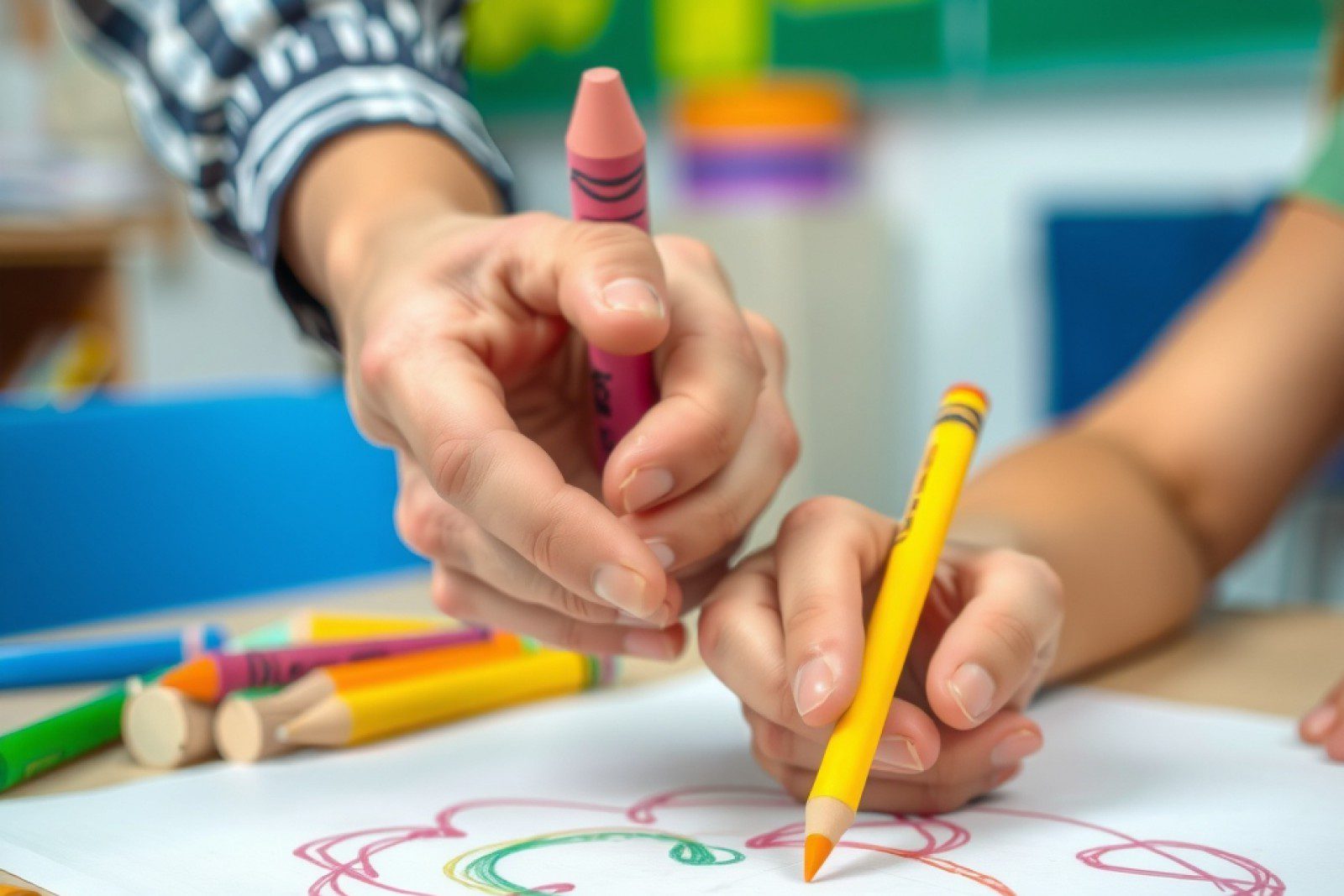 Close-up of a parent's hand and a child's hand holding colorful crayons over a drawing on a desk, soft focus classroom background