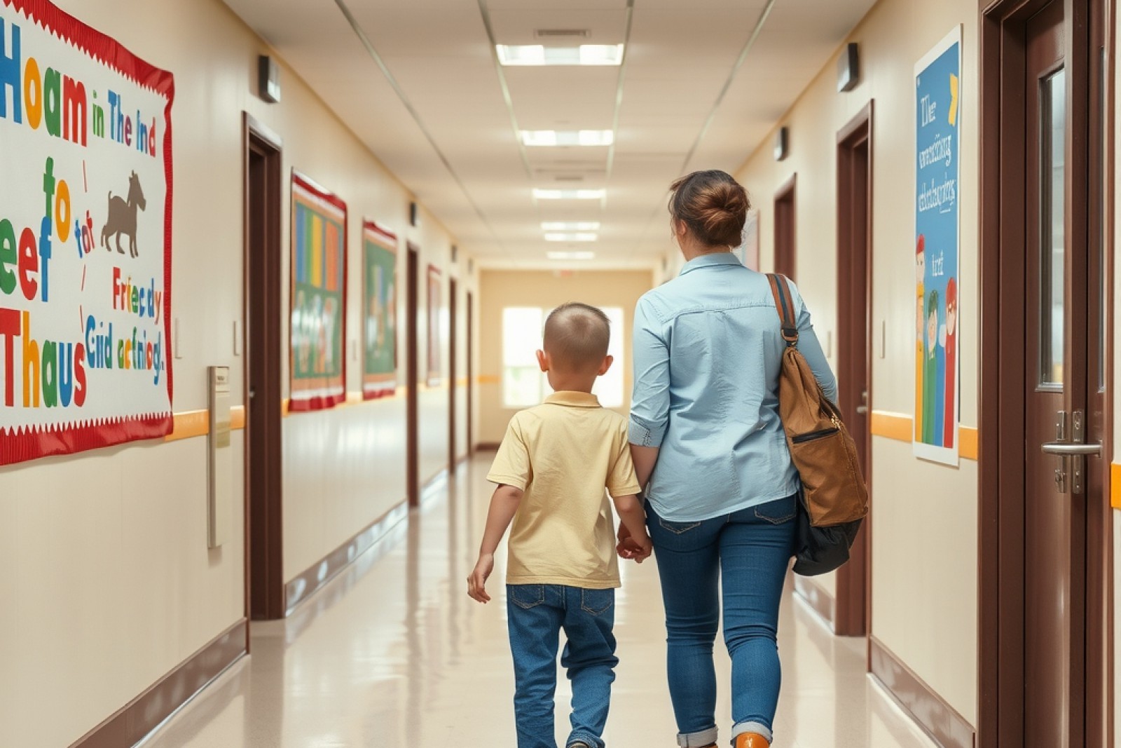 A parent and child walking together along a clean school corridor with colorful artwork on the walls, seen from behind, photographic