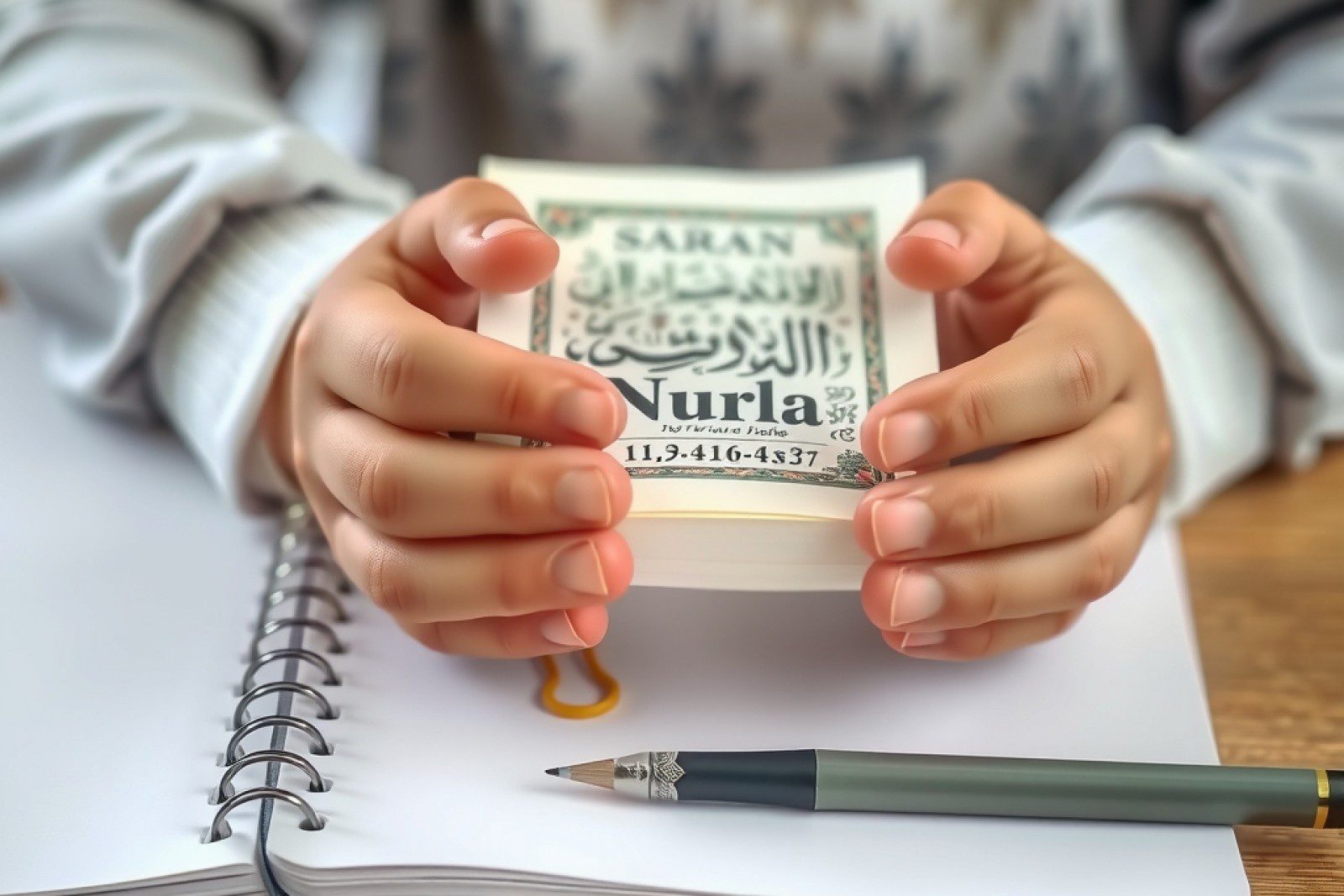 Close-up of a child's hands holding a small copy of the Quran on a wooden desk beside a notebook and pencil, soft focus background