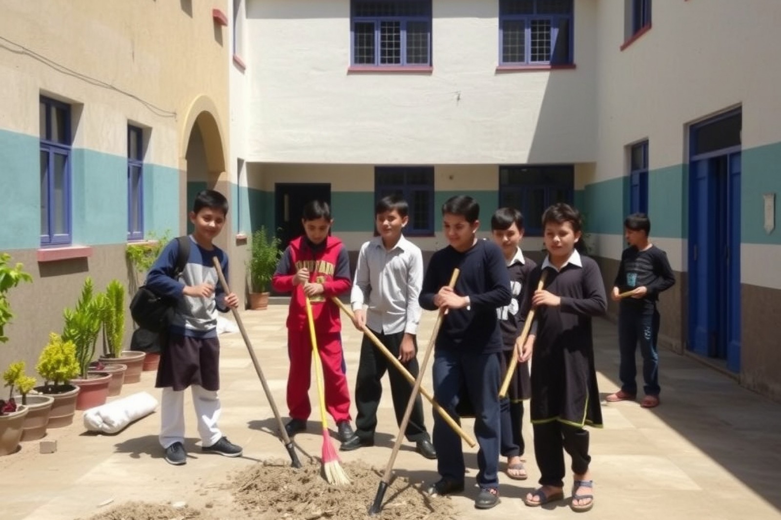 Group of young students helping each other tidy a school courtyard on a sunny day in Pakistan, candid and cheerful